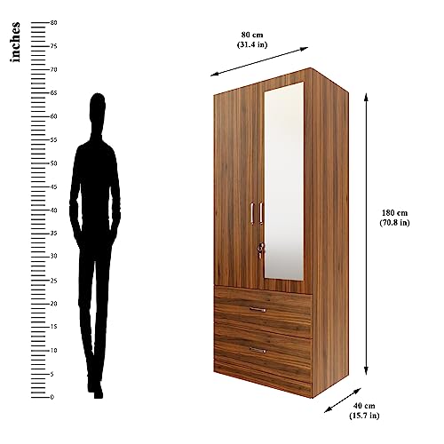 Image of VIKI Wardrobe | Wooden Almirah for Clothes,Door for Bedroom, 2 Door Wardrobe with Drawer, Mirror & Hanging Space (Brussel Walnut - 40D x 80W x 180H) | 1 Year Warranty | Free Assembly