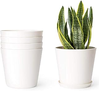 Mkouo 16.5cm Plastic Planters Indoor Set of 5 Flower Plant Pots Modern Decorative Garden Pot with Drainage Hole and Tray for All House Plants, Herbs, Foliage Plant, and Seed Nursery, Cream White