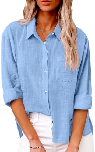 Friptspyg Bluse Damen Lässiges Langarm Hemdbluse Elegant Blusen & Tuniken für Damen V-Ausschnitt 100% Baumwolle Solide Sommer Oberteile mit Tasche