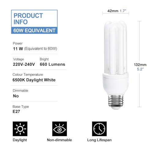 3 Pack Energy Saving 11W=60W E27 ES CFL Light Bulbs, Edison Screw CFL Light Bulbs, Daylight 6400K, Compact Fluorescent Lamp - Image 3