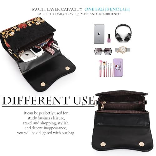 Image of Floral Embroidered Crossbody Sling Bag with Top Handle, Vintage Style Canvas for Women