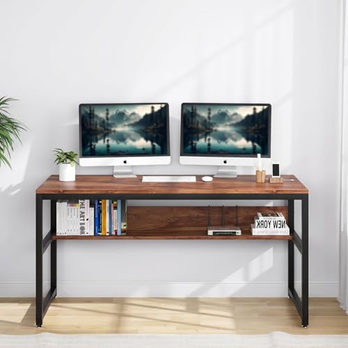 Image of TEKAVO Flam Computer Table for Home Pc I Office Table for Home I Lower Shelf | Brown Wood | Metal (120 Cm x 60 Cm x 75 Cm) DIY