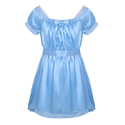 TSSOE Men's Satin Frilly Girly Sissy Dress Maid Costume Crossdress Pajamas Nightwear Lingerie Blue A Medium