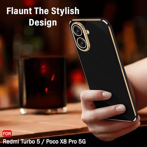 Image of TheGiftKart Luxurious Golden-Plated Back Cover Case for Mi Redmi Turbo 5 5G / Poco X8 Pro 5G | Raised Lips for Camera & Screen Protection | Shockproof Design | Stylish Back Cover Case (TPU, Black)