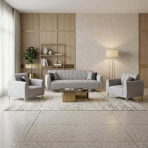Image of Habibi Rich Velvet Suede 3+1+1 Seater Sofa Set | Spacious Soft Touch Comfort Seating | 5 Person Seating | Modern Living Room Sofa Set (Light Gray)