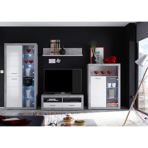 STONE Wohnwand Komplett-Set in Beton Optik, Weiß - Moderne Schrankwand für Ihr Wohnzimmer - 304 x 194 x 48 cm (B/H/T) – Bild 3