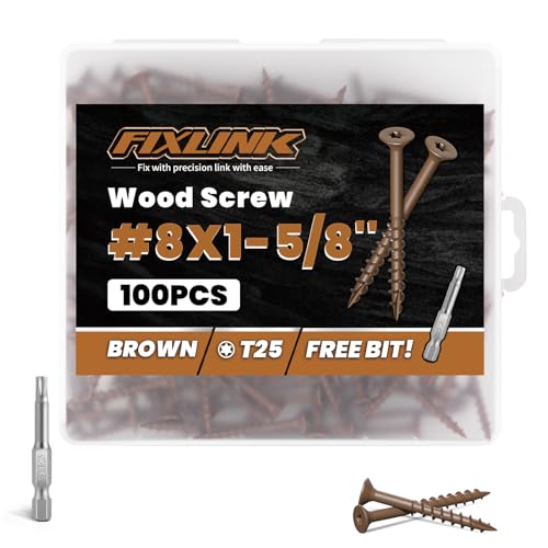 Image of Wood Screws 1-5 /8 Inch, FIXLINK Deck Screws #8 x 1-5 /8 inch, 100 PCS, Epoxy Coated, T25 Star Bit Above 1500 Hour Salt Spray Coating Outdoor Decking Screws Excellent Rust Resistant for Wood Fence, Brown