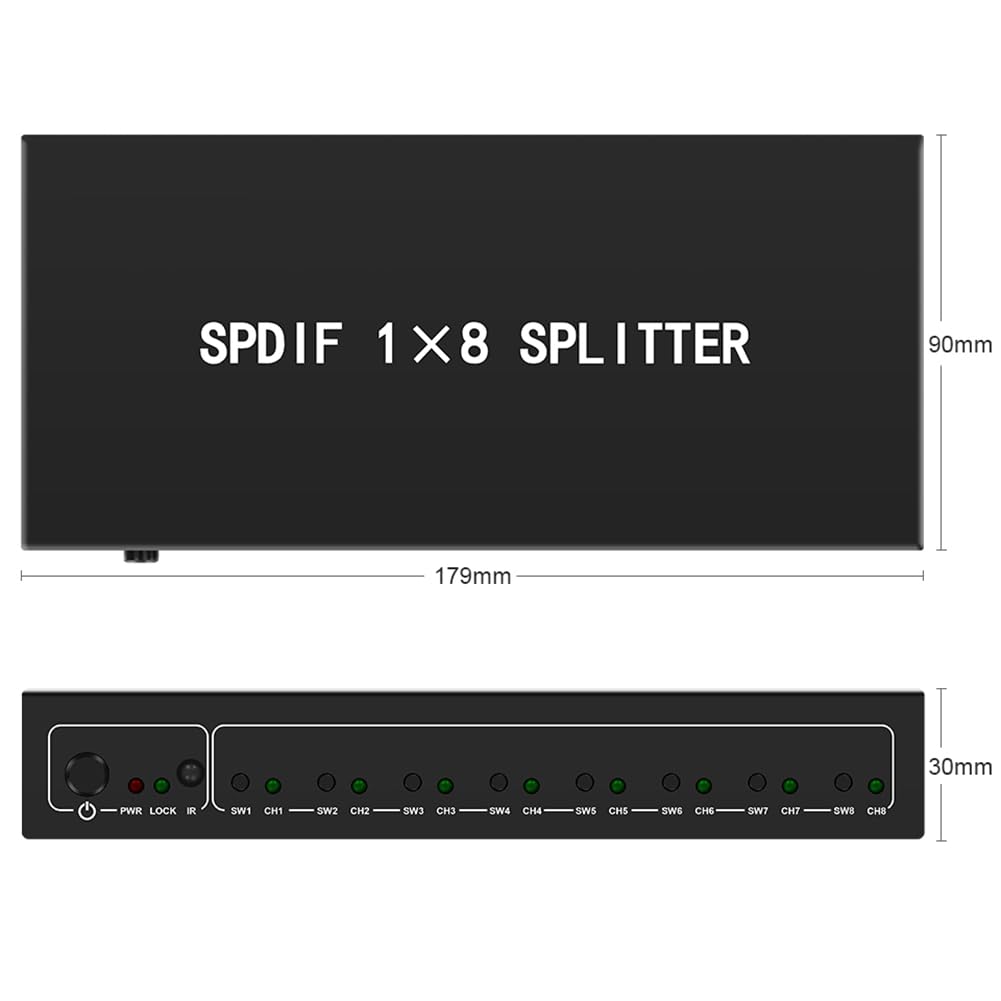 Optical Audio Splitter,1 in 8 Out Fiber Optic Digital Toslink S/PDIF Splitter for Home Theater,Speakers, EU Plug