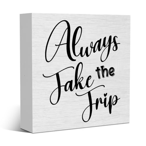 Funny Trip Travel Essentials Rustic Wooden Box Sign, Desk Decor Inspirational Adventurer Gift Office Desk Accessories for Table Shelf Home Classroom Cubicle Decorations Wood Block Box Traveler Sign