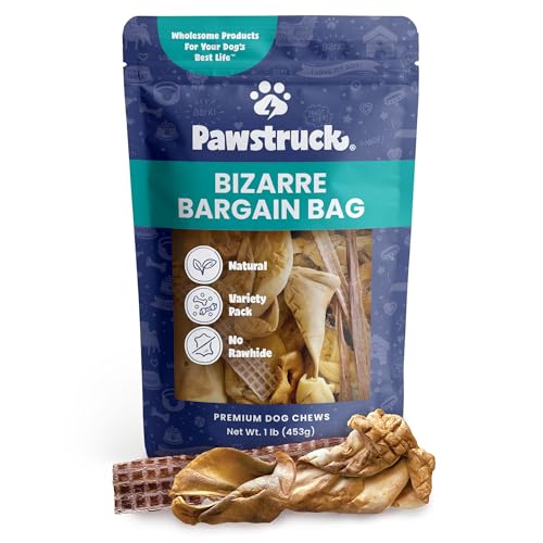 Pawstruck Bizarre Bargain Bag Assorted Natural Dog Chew Treats - Animal Ears, Jerky, Bones, Hooves, Beef Straps - Long Lasting Rawhide Alternative for Chewers All Breeds - 1 lb - Packaging May Vary