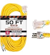 Iron Forge Cable 50 Foot Lighted Outdoor Extension Cord - 12/3 SJTW Heavy Duty Yellow Extension C...