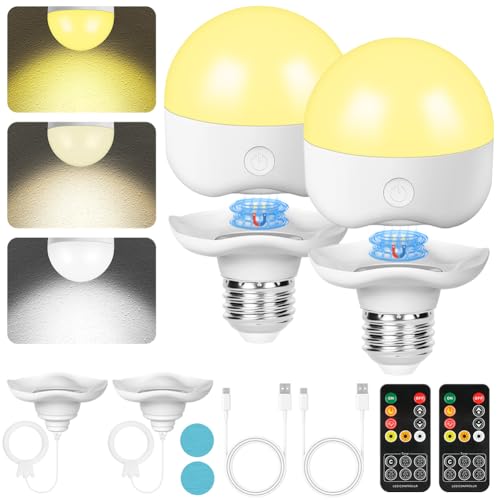 HOTUT 2 Piezas Bombillas recargables USB C con cronómetro y control remoto, E27 Bombilla LED Regulable de Batería, 3 Temperaturas de Color Luz Emergencia para Hogar y Exterior, Luz nocturna magnética