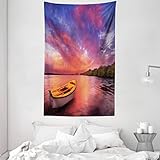 abakuhaus tramonto arazzo, costa del mare con una barca a remi, decorazione murale in tessuto per camera da letto, soggiorno, dormitorio, 140 x 230 cm, rosa e viola