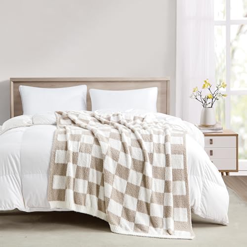 Image of CREVENT 50''X60'' Ultra Soft and Plush Reversible Microfiber Throw Blanket for Couch Sofa and Bed (Checkered Beige)