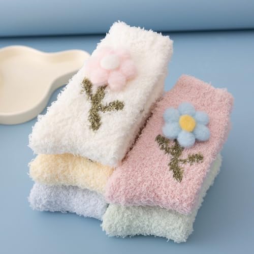 Image of 5 Pairs Fuzzy Socks for Women, Winter Thickening Coral Velvet Cozy Slipper Socks, Warm Home Sleeping Socks, Mid-calf Floor Socks, Cute Funny Socks for Female