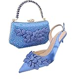 Conjunto de zapatos de tacón y bolso para mujer, diseño floral hecho a mano, para boda, fiesta, aspecto a juego, azul celeste, 44 EU
