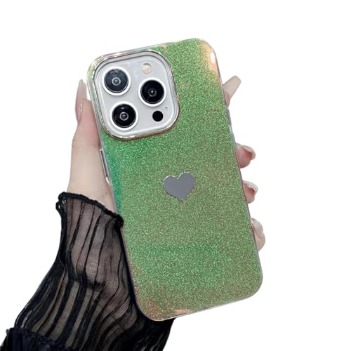 Coque iPhone 14 rigide miroir scintillant cœur iPhone 13 12 11 Pro Max XR vert PC
