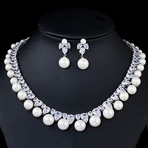 Collar de perlas de boda redondas y pendientes de circonia cúbica para mujer