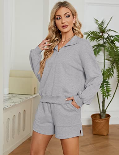 Flygo Women's 2 Piece Jogging Sets Long Sleeve Loungewear Half Zip Pullover Top Shorts Sweatsuit Outfits(Lightgreyheather-M) #TOP1