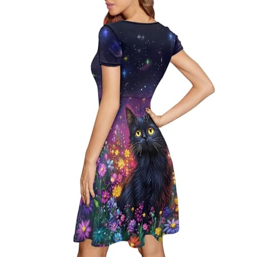 Image of HUGS IDEA Womens Puffy Swing Midi Dress Round Neck Short Sleeve Party A-Line Dresses
