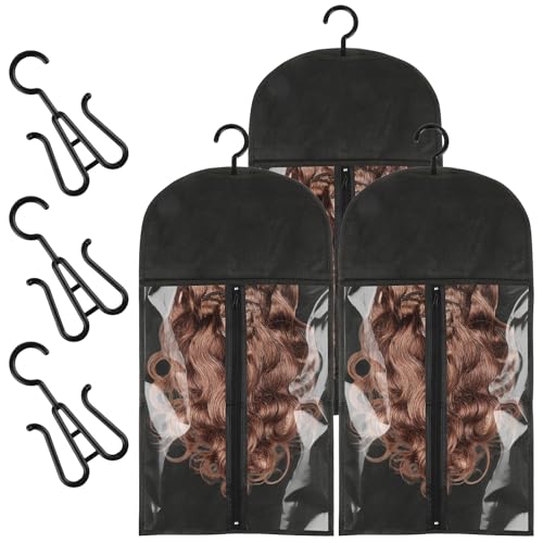 Wig Storage Bags with Hanger 3 pcs Portable Wig Bag Hair Extension Holder Black Hair Extension Storage for Multiple Wigs Home Salon Travel (23.6 x 11.4 in)