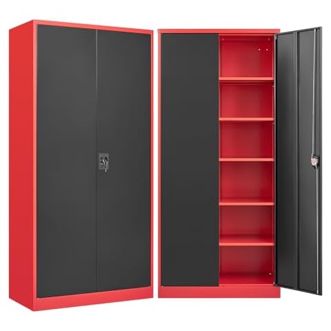 NODHM Garage Storage Cabinets with Lock, Metal Storage Cabinet with Doors and Adjustable Shelves Tool Garage Cabinet for Home,Office,Gym,Warehouse (Black & Red) Cover