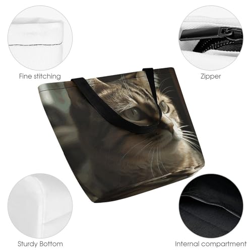 Women Tote Bags with Handles Tabby Cat Shoulder Bag with Zipper Handbags Shopping Bags Travel Bag Beach Bag Reusable Grocery Bag for Swim Holiday Gift3