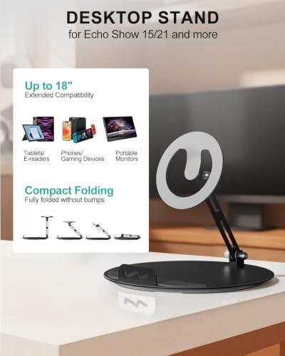 Image of WALI Echo Show 15 /21 Stand, Adjustable Stand for Echo Show 15 /21 and Up to 18 inch Tablets /Portable Monitors, 360 Degrees Rotating Tilt Foldable Show 15, 21 Accessories for Kitchen Home Office, Black