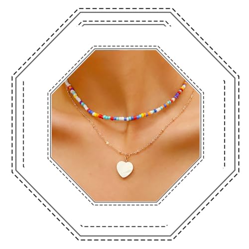 Jovono Boho-Halskette mit mehrlagigem Perlenanhänger, goldfarben, Herzanhänger, Ketten, Strand-Rocailles, Schmuck, für Damen und Mädchen