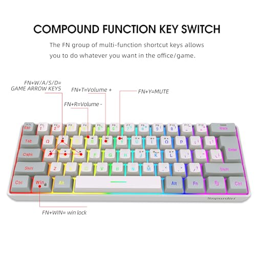 Snpurdiri 60% Wired Gaming Keyboard, 61 Keys RGB Backlit Small Gaming Keyboard for PC/Mac Gamer, Typist, Travel, Easy to Carry on Business Trip(Grey-White) - Thumbnail 4
