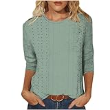 FOCLMP 3/4 Length Sleeve Womens Tops Trendy Eyelet Blouses T Shirts Casual Dressy Elbow Length Tunics Boho 2024 Clothes Boho Tops for Women 2024 Army Green M