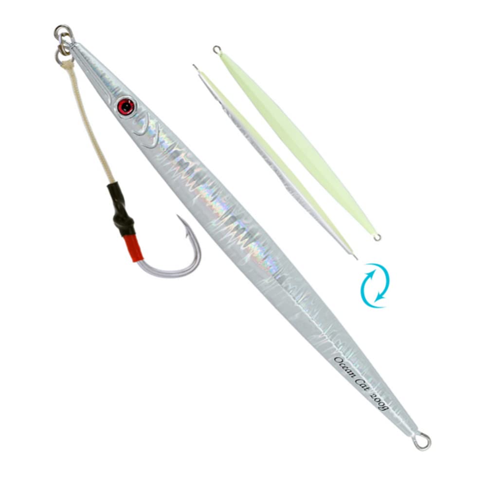 OCEAN CAT Slow Pitch Jig Flat Fall Jigging Fishing Lures Vertical Jigs Jigging Baits with Assist Slow Pitch Jig Hook for Saltwater Fishing 60G/100G/150G/200G/250G (200G, Style-5: Silver Color)