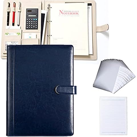 DADAWU Conference Folder with 4 Ring Binder,Blue A4 Clipboard Folder,A4 Writing Pad, Clipboard Business Folder with 10 Punched Pockets A4,20 Writing Paper Cover