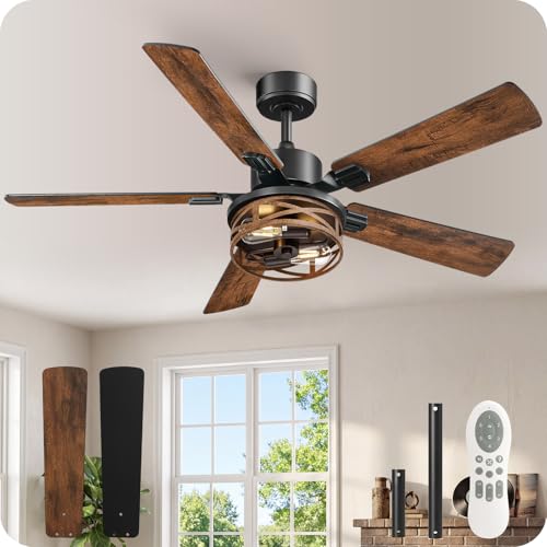 GOEBLESON 52 Inch Farmhouse Ceiling Fan with Lights and Remote, Timer, Dual Finish 5 Blades (Walnut and Black), 6 Speeds, Reversible DC Motor, Rustic Walnut Caged Ceiling Fan for Bedroom FF01CF05