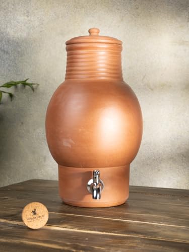 Village Decor Terracotta Water pot With Lid&304 Stainless Steel tap|Preseasoned Terracotta Mud(Capacity 4000 ml / 135 oz)