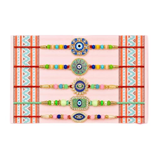 Image of Oblivion Designer Charming Multicolor Rakhi Combo for Brother Bhaiya Bhai with Roli Tikka, Silver Color Pooja Coin & Greeting Card | Raksha Bandhan Festival Gift Set | Pack of 8