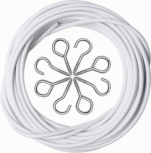 ASIWUJING Net Curtain Wire and Hooks Set, 10M Net Curtain Wire with 25pcs Eye Bolts and 25pcs Screw-in Hooks for Net Curtain Rod