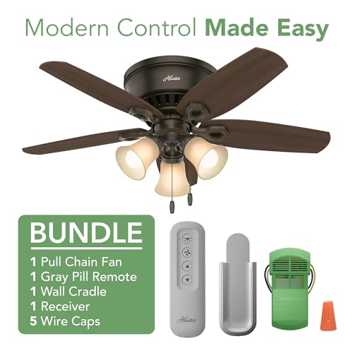 Image of Hunter 42 inch Indoor Ceiling Fan with LED Lights & Remote - Bronze Ceiling Fan, Pull Chain, for Bedroom, Living Room, or Kitchen, Low Profile Flush Mount, 5 Blades - Builder 51091, New Bronze