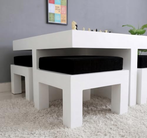 Image of Soild Sheesham Wood Centre Coffee Table with 4 Stools for Living Room Hall Bedroom Office | Wooden Center Coffee Table for Outdoor Garden Home | White Finish
