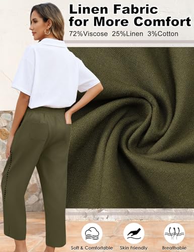 CMTOP Leinenhose Damen Weite Freizeithose mit Kordelzug und Taschen 7/8 Elastische Gerades Bein Sommerhose Bequeme Strandhose aus Baumwolle(Militärgrün,XL)