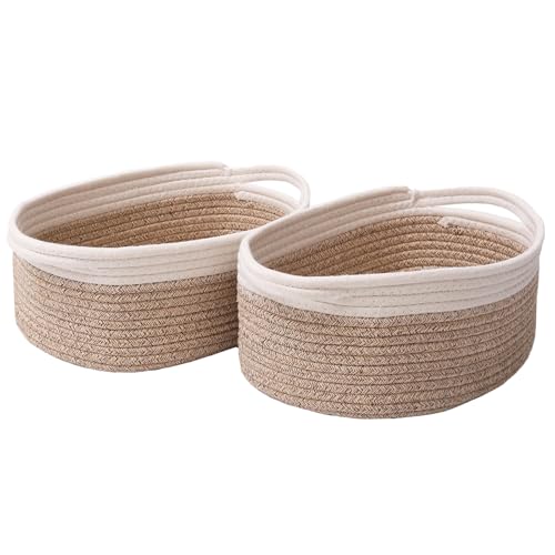 Image of JMvicyroam Small Woven Basket, Empty Gift Basket, White&Oatmeal /2 Pack | Small Gift Basket, Cotton Rope, 12 x 8 x 73 in, Handles, Includes Ribbon and Bag, Birthday Gift Basket