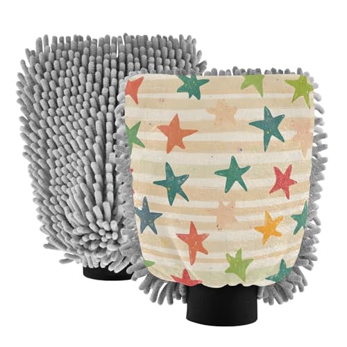 STAYTOP Retro Colored Stars Car Wash Mitt Microfiber, 2Pcs Scratch Free Lint-Free, Premium Chenille Microfiber Mitt Car Wash Brush-L