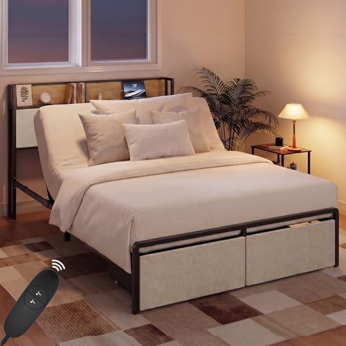 Image of Softa Queen Adjustable Bed Frame with Storage Headboard and Charging Station, Power Head Lift with 2 Footboard Drawers, Upholstered Metal Frame, No Box Spring Needed, White