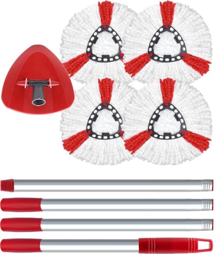 Wischmopp Ersatzbezug für Turbo 2-in-1, Bodenwischer Set Kompatibel mit Vileda EasyWring&Clean, Wischmop Ersatz, 4 Moppköpfe +1 Stiel +1 Moppbasis für mop, auch fur empfindliche Boden
