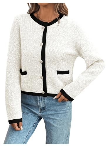 Image of MakeMeChic Women's Knitted Cardigan Sweater Casual Button Front Long Sleeve Crew Neck Sweaters Tops White Medium