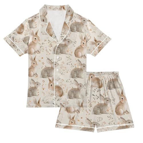ALAZA Rabbit Blossom Leaf Floral Pajamas Satin Pajama Set Short Sleeve Button Down Sleepwear