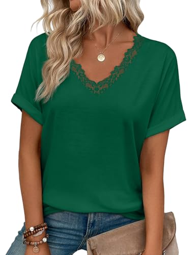 JUSTFASHIONNOW Womens Summer Tops Short Rolled Sleeve V Neck Tshirts 2026 Casual Dressy Business Work Blouses(Green X-Large)