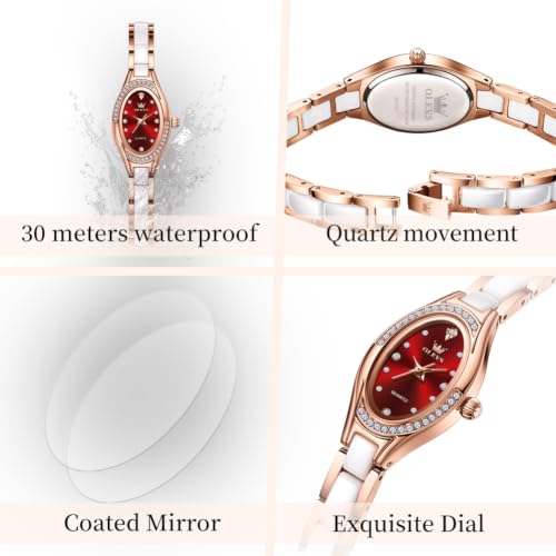 Image of OLEVS Women's Quartz Watches - Elegant Oval Diamond Dress Watch with Ceramic Band, 30M Waterproof Ladies Wrist Watch for Dress & Casual Wear (Rose Gold Blue /Red /Purple /White)