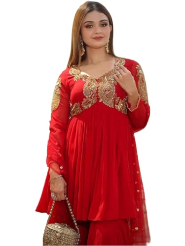 Image of Women Embroidered Ethnic Top Plazo Dupatta Set, Georgette Traditional Outfit for Festive WeddingWear