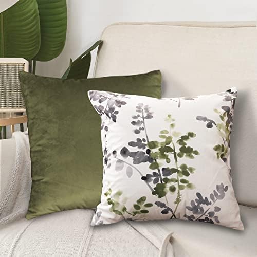 H.VERSAILTEX Pillow Covers Set of 2 Velvet Soft Decorative Throw Pillow Covers Mix and Match Vintage Classical Floral Cushion Cases wit Zipper for Bedroom/Sofa (18x18 Inch, Sage/Grey&Sage)